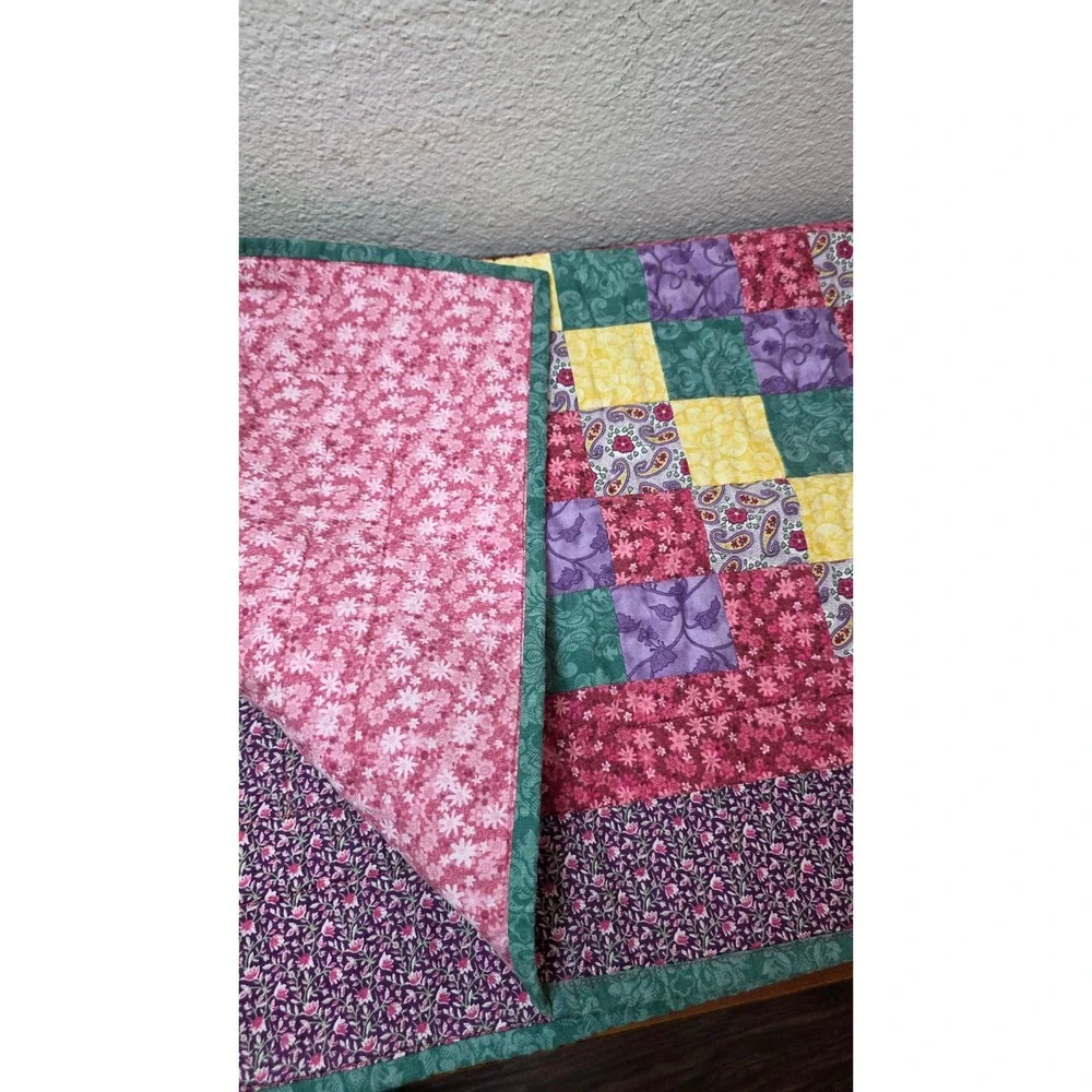 Handmade Patchwork Quilt Kids‎ Set Floral Paisley Multi Color Green White 2pc
